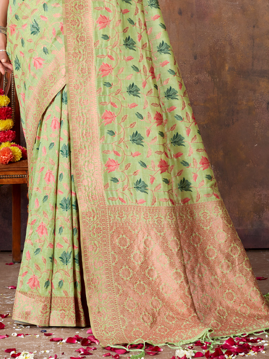 Women's Light Green SILK Resham Dori Work Traditional Tassle Saree - Sangam Prints