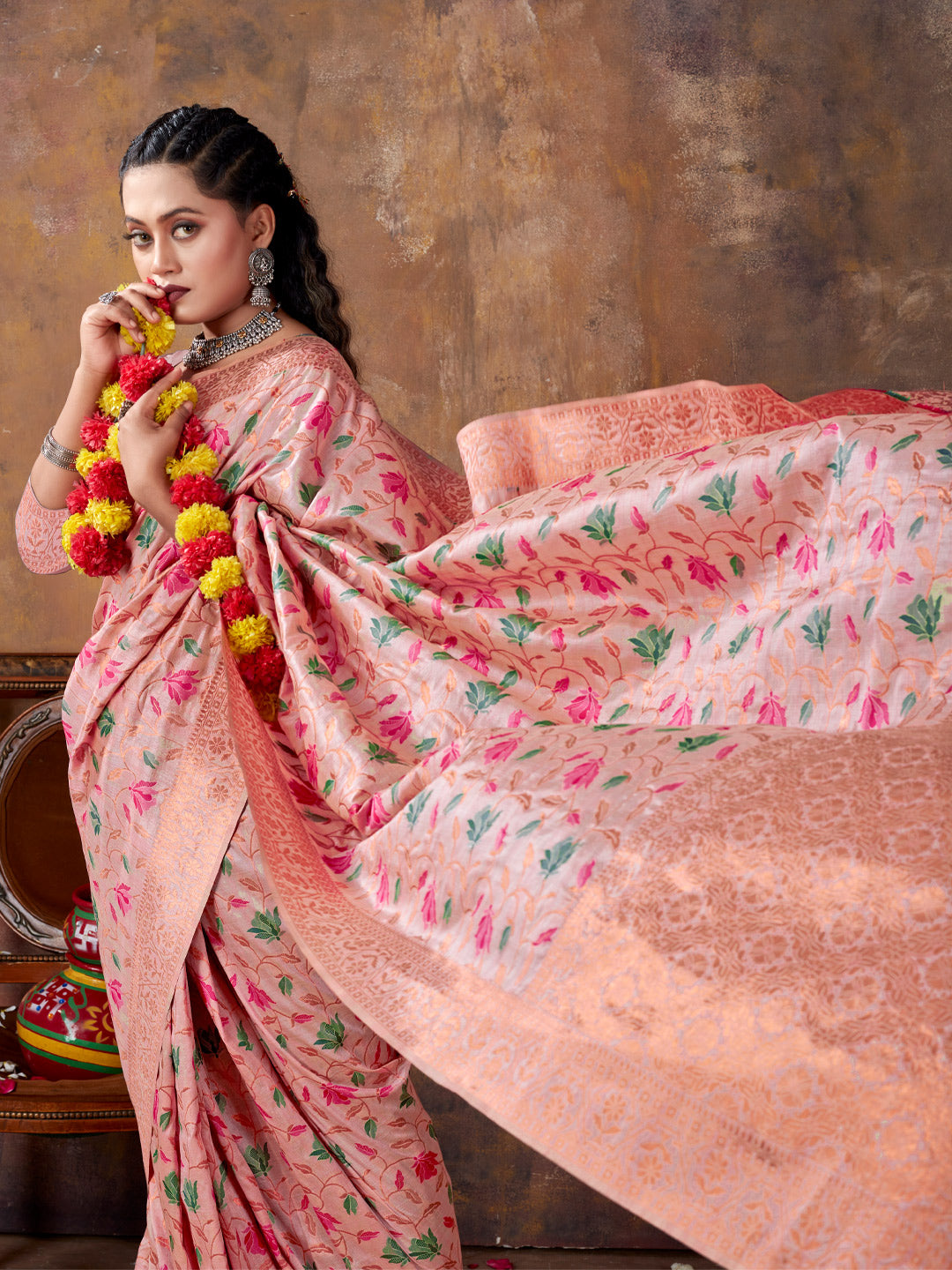 Women's Pink SILK Resham Dori Work Traditional Tassle Saree - Sangam Prints