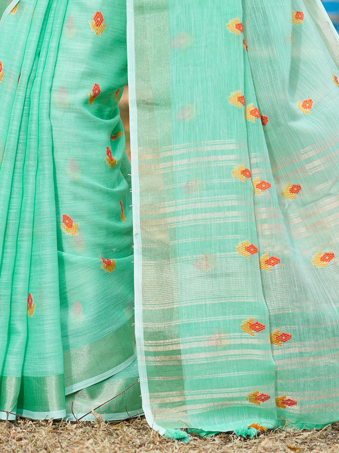 Women's Sea Green Linen Siroski Stone Work Traditional Tassle Saree - Sangam Prints