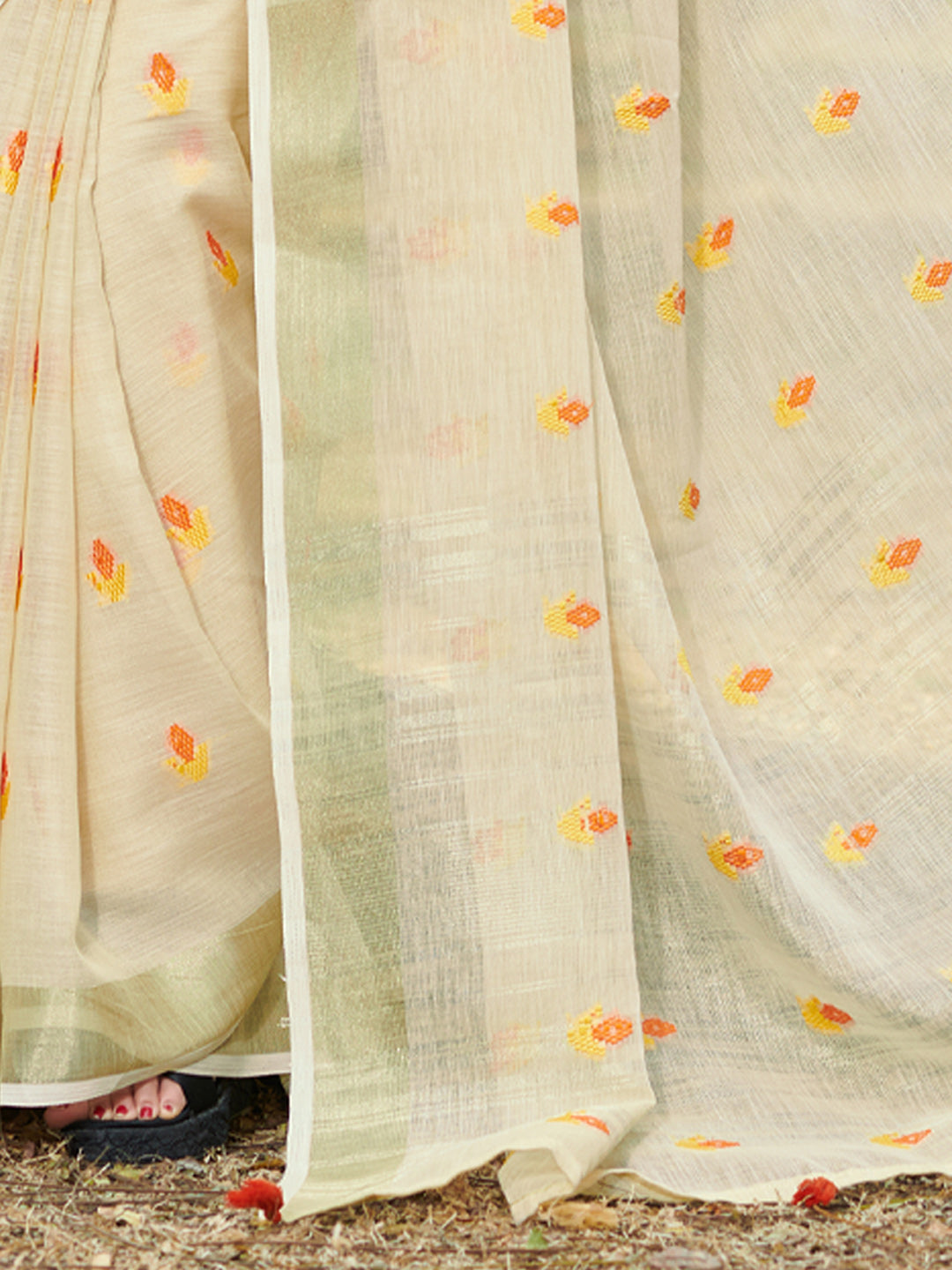 Women's Cream Linen Siroski Stone Work Traditional Tassle Saree - Sangam Prints