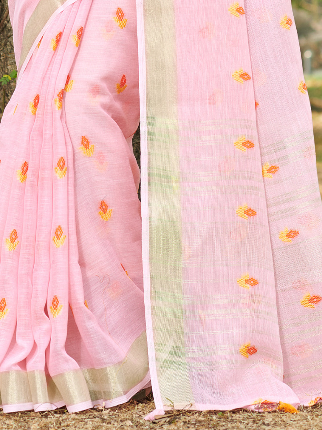 Women's Light Pink Linen Siroski Stone Work Traditional Tassle Saree - Sangam Prints