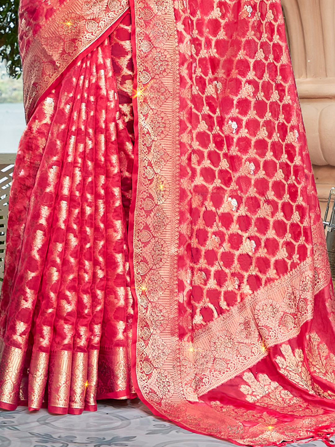 Women's Light Pink Organza Siroski Stone Work Traditional Tassle Saree - Sangam Prints