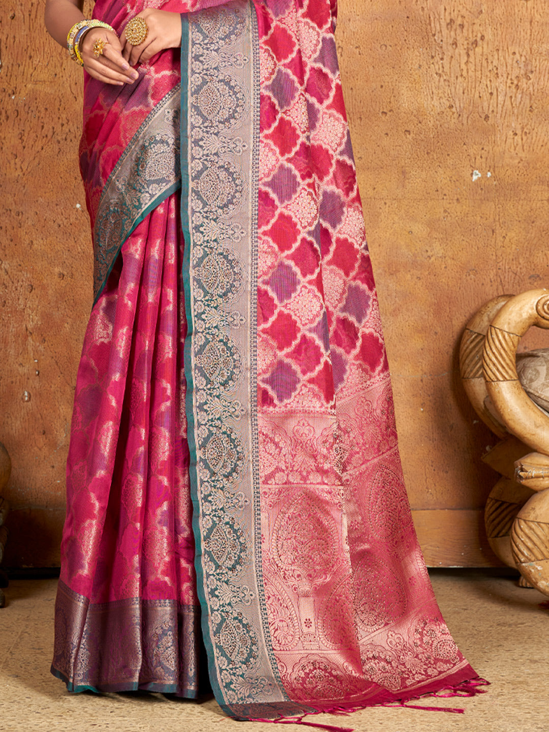 Women's Pink ORGANZA  Siroski Stone Work Traditional Tassle Saree - Sangam Prints