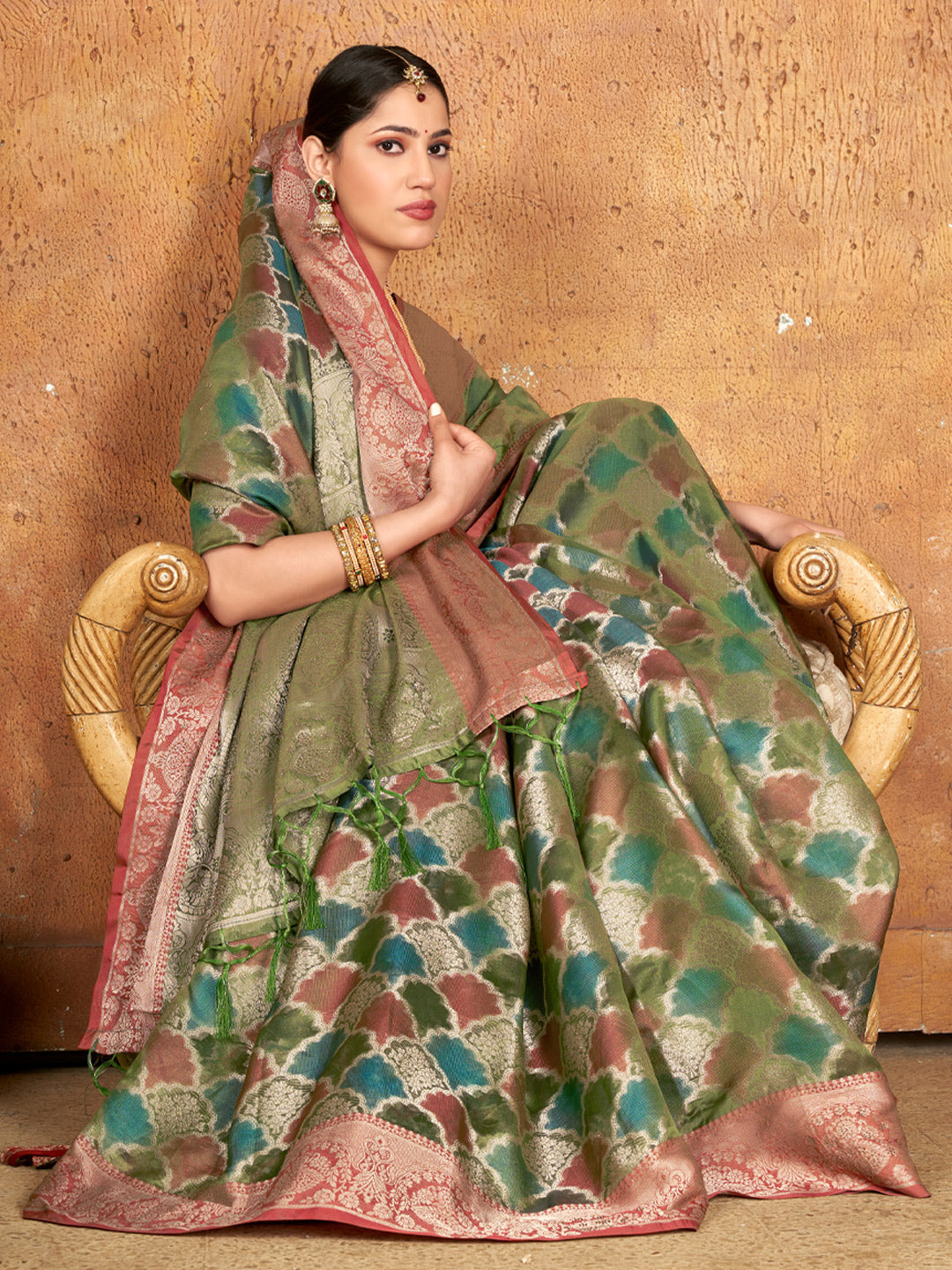 Women's Green ORGANZA  Siroski Stone Work Traditional Tassle Saree - Sangam Prints