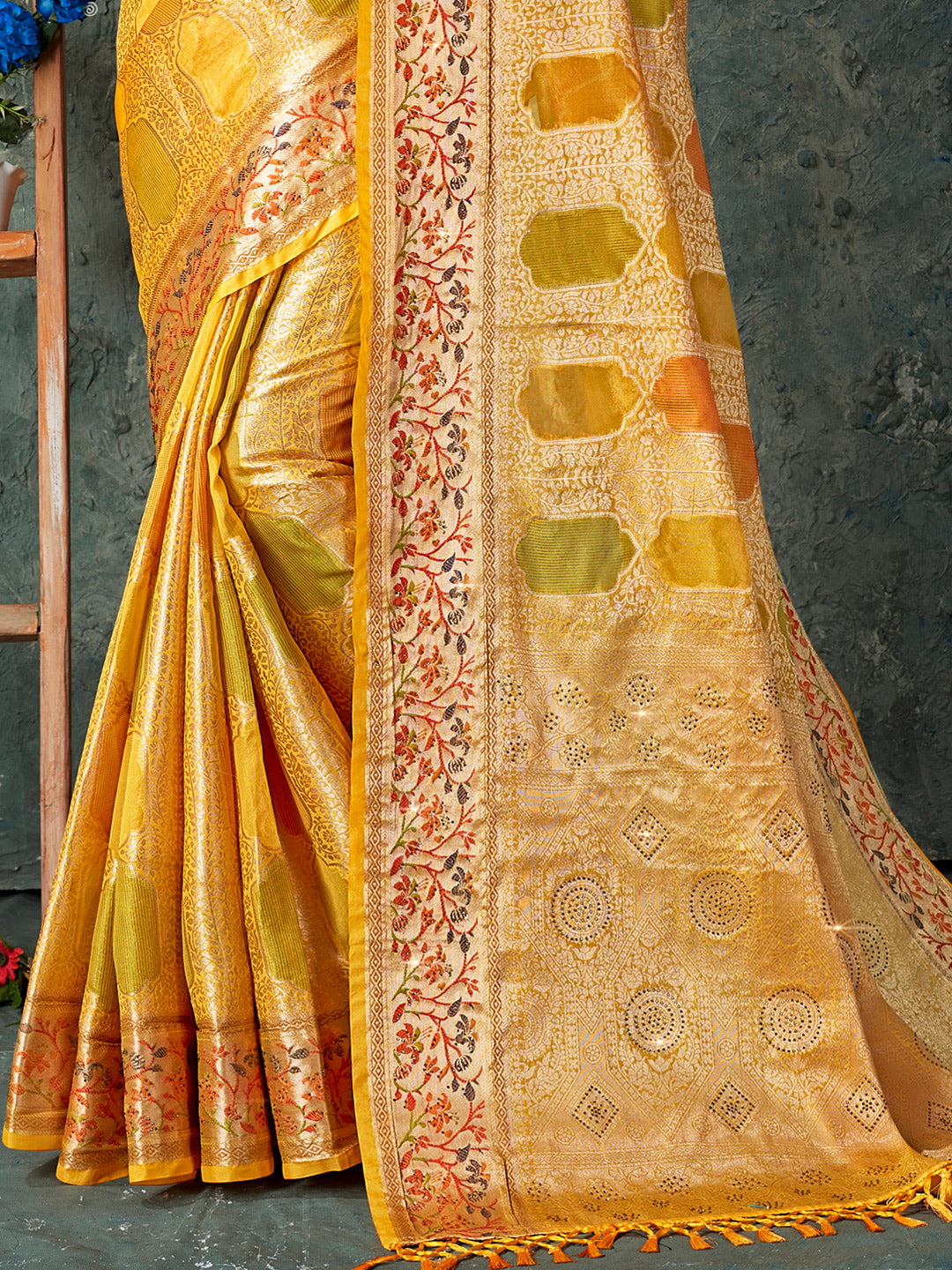 Women's Yellow SILK  Siroski Stone Work Traditional Tassle Saree - Sangam Prints