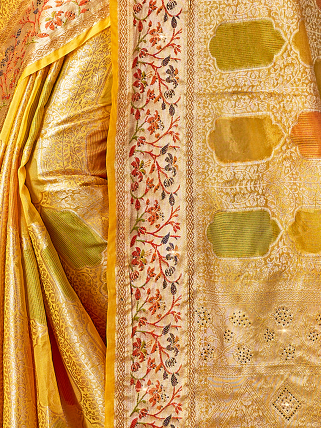 Women's Yellow SILK  Siroski Stone Work Traditional Tassle Saree - Sangam Prints