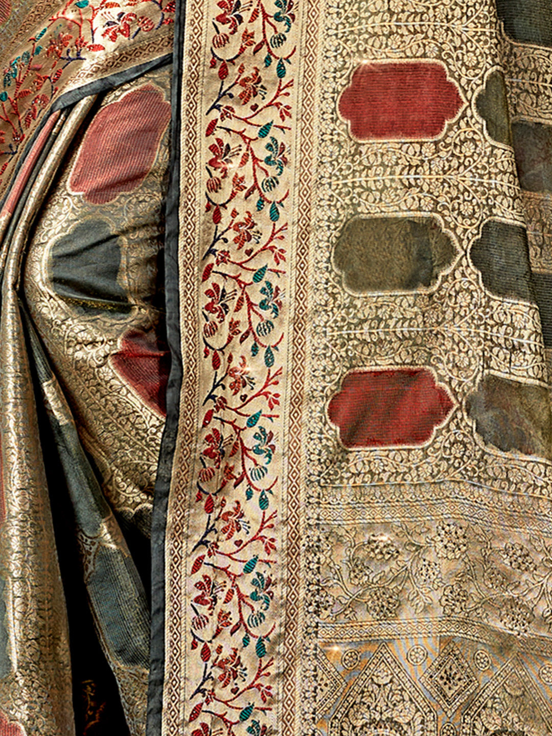 Women's Grey SILK  Siroski Stone Work Traditional Tassle Saree - Sangam Prints