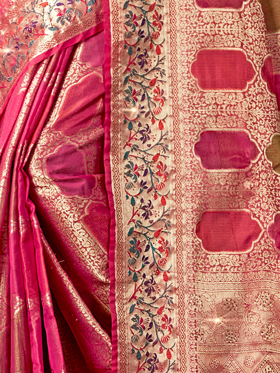 Women's Pink SILK  Siroski Stone Work Traditional Tassle Saree - Sangam Prints