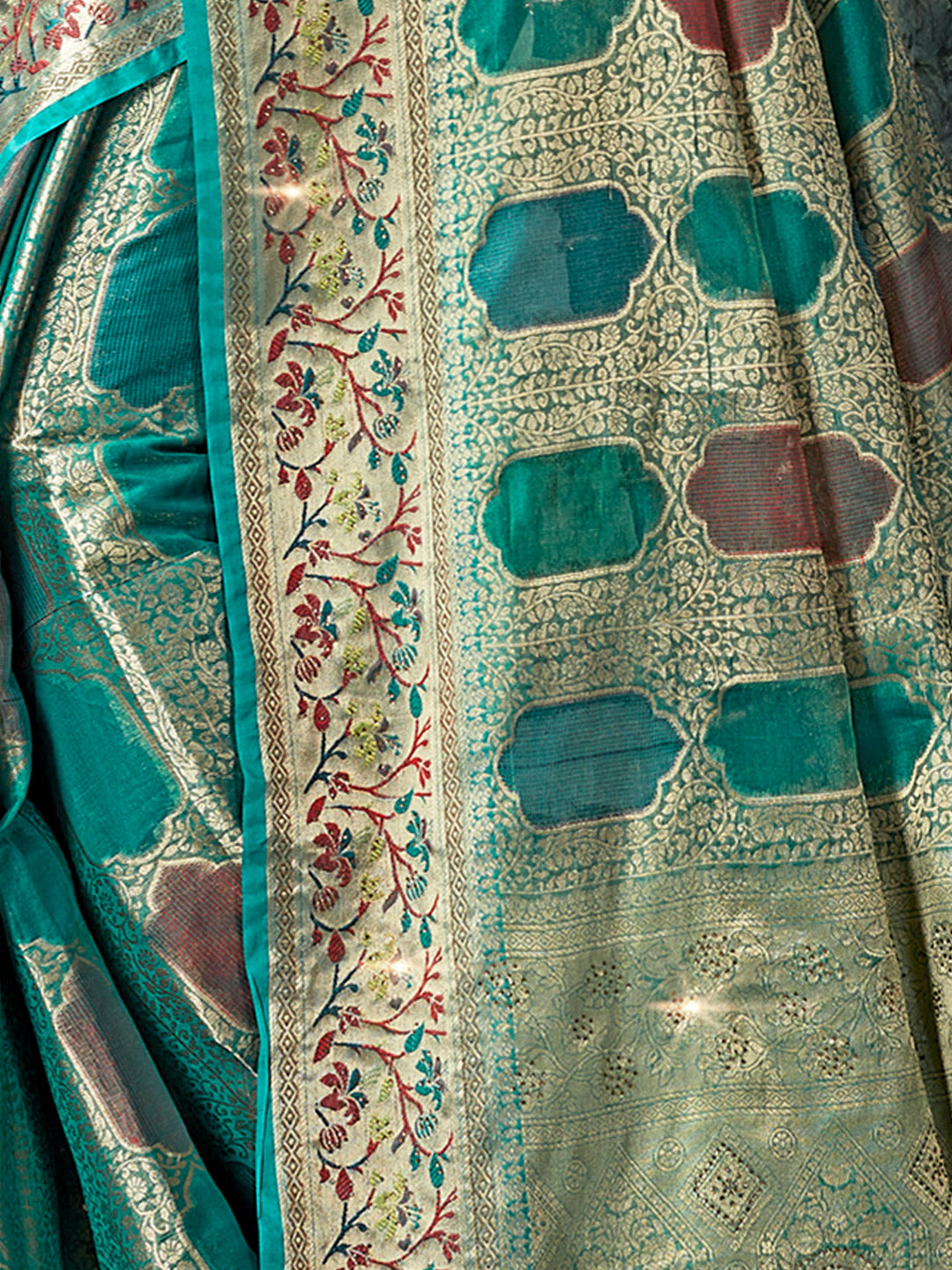 Women's Sea Green SILK  Siroski Stone Work Traditional Tassle Saree - Sangam Prints