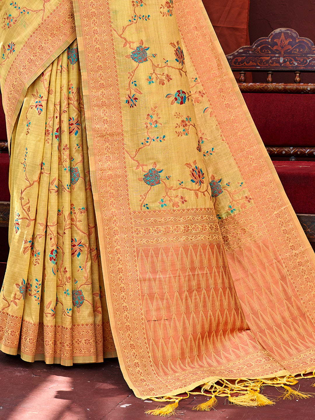 Women's Yellow SILK Resham Dori Work Traditional Tassle Saree - Sangam Prints