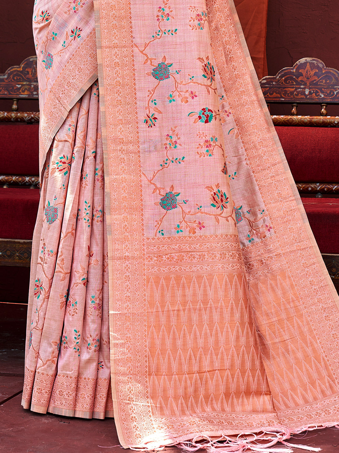 Women's Pink SILK Resham Dori Work Traditional Tassle Saree - Sangam Prints
