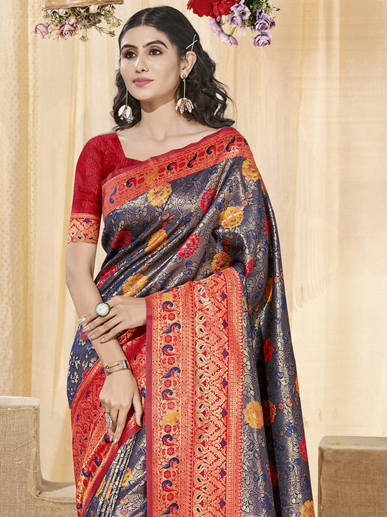 Women's Blue KanJivaram Silk Woven Work Traditional Tassle Saree
