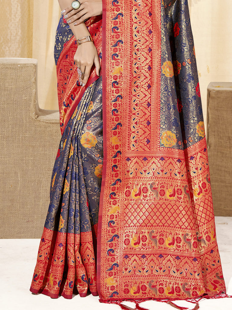 Women's Blue KanJivaram Silk Woven Work Traditional Tassle Saree