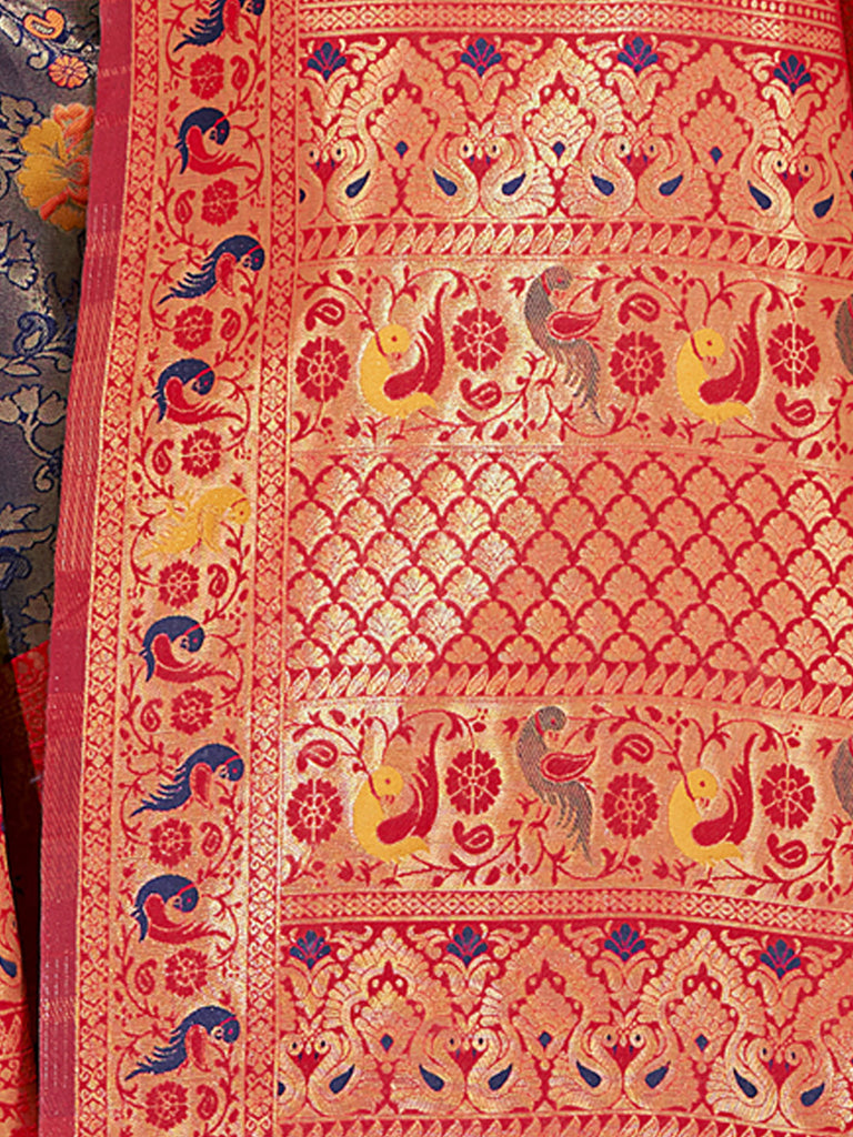 Women's Blue KanJivaram Silk Woven Work Traditional Tassle Saree
