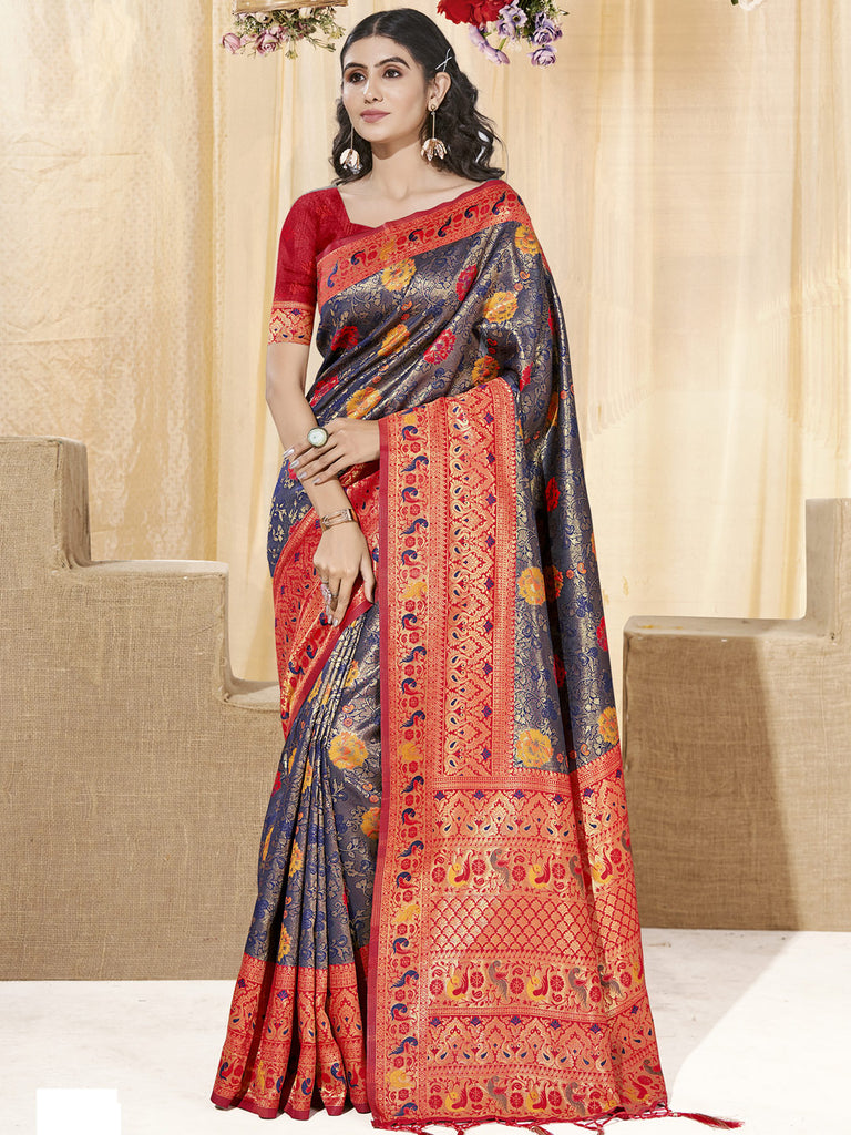 Women's Blue KanJivaram Silk Woven Work Traditional Tassle Saree
