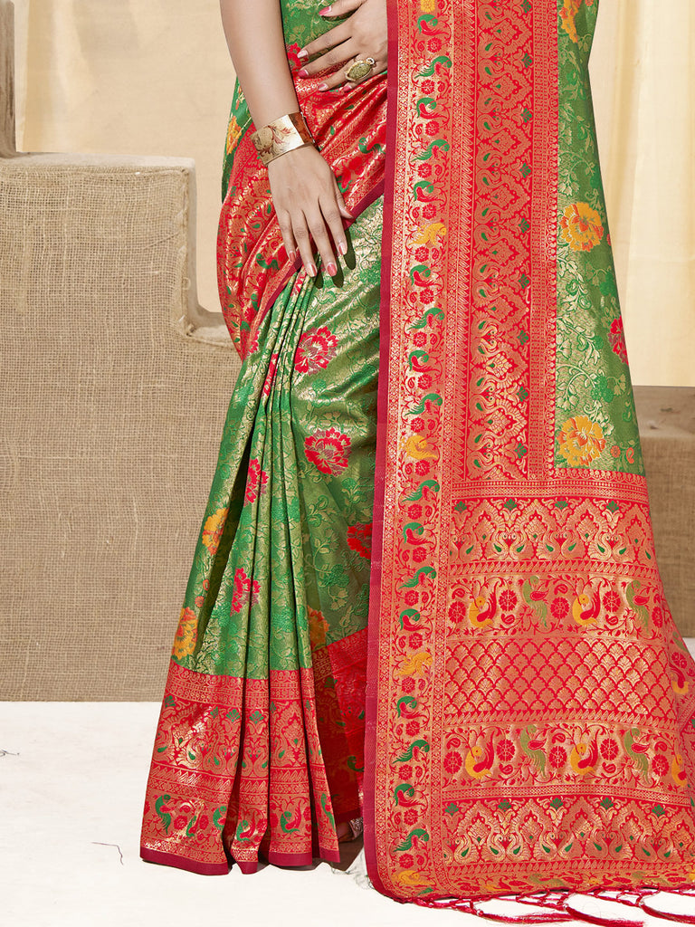 Women's Green KanJivaram Silk Woven Work Traditional Tassle Saree