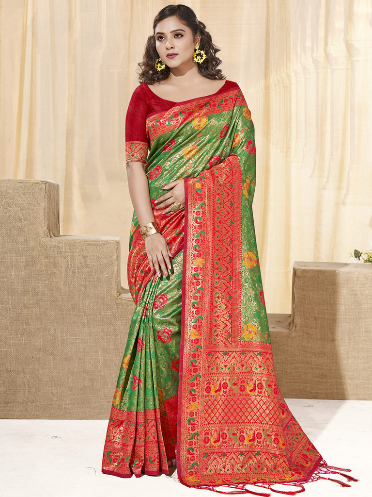 Women's Green KanJivaram Silk Woven Work Traditional Tassle Saree