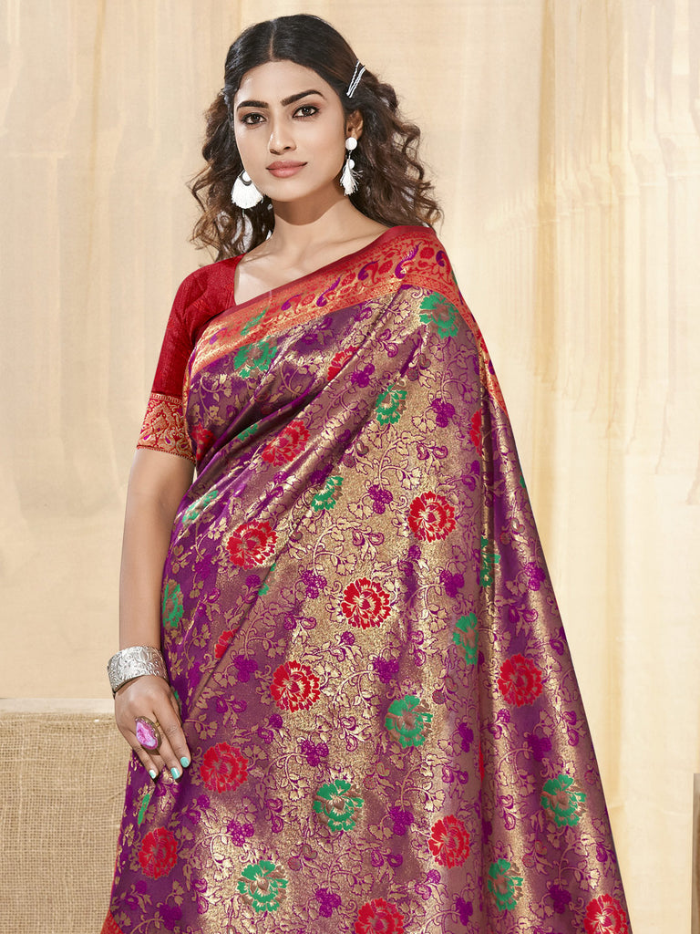 Women's Violet KanJivaram Silk Woven Work Traditional Tassle Saree