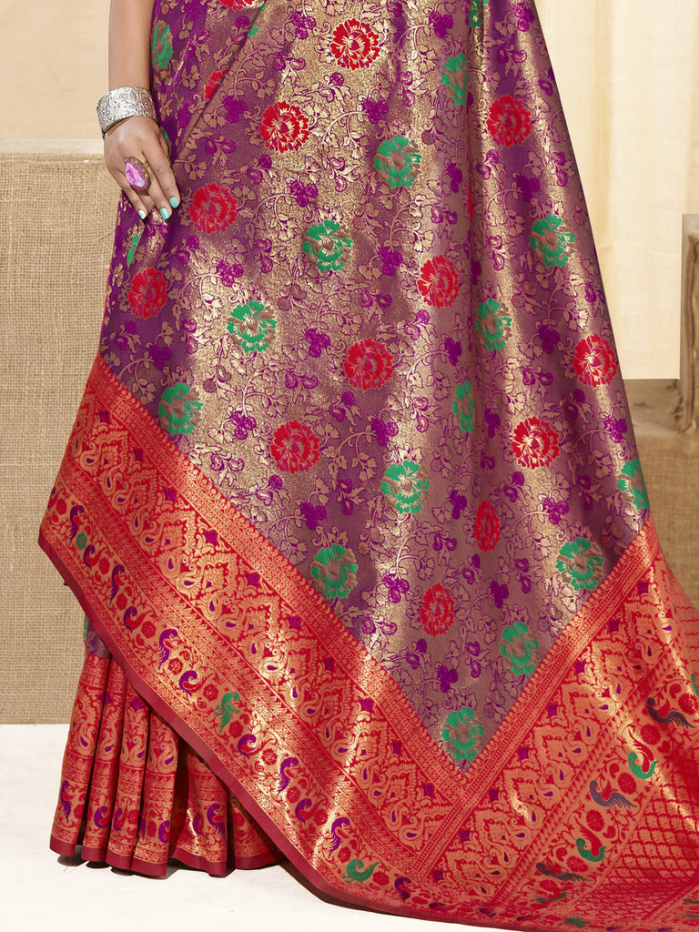 Women's Violet KanJivaram Silk Woven Work Traditional Tassle Saree