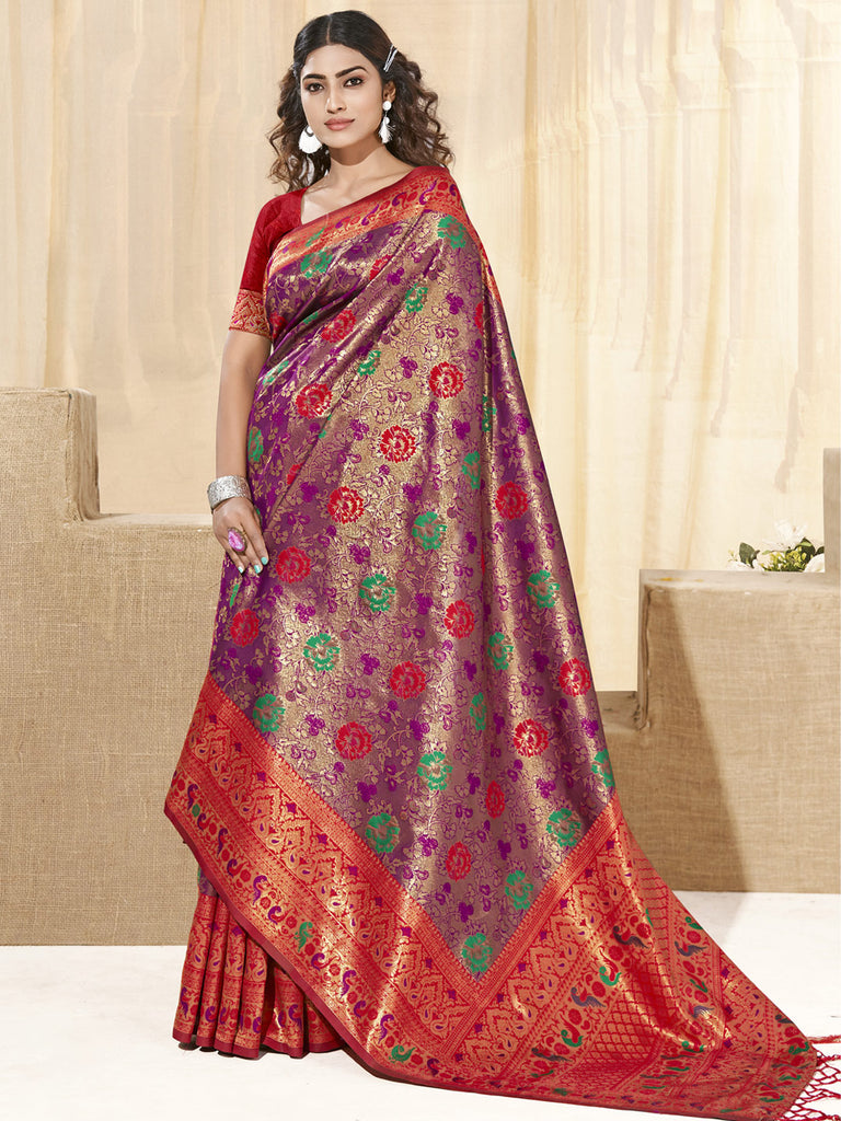 Women's Violet KanJivaram Silk Woven Work Traditional Tassle Saree