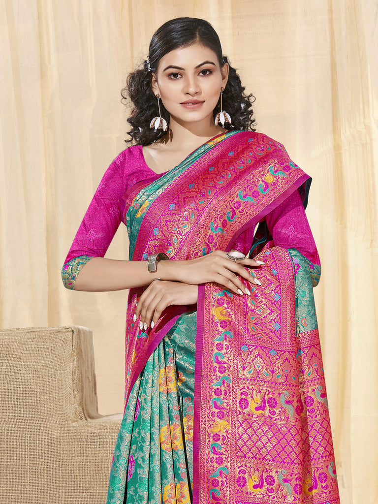 Women's Sea Green KanJivaram Silk Woven Work Traditional Tassle Saree