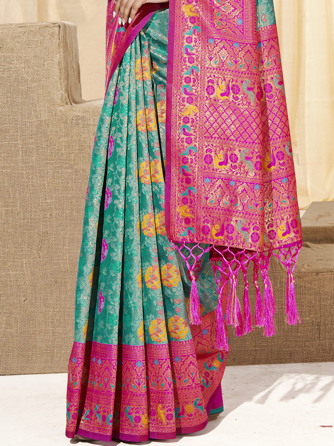 Women's Sea Green KanJivaram Silk Woven Work Traditional Tassle Saree - Sangam Prints