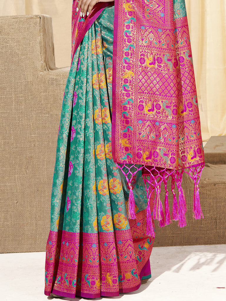 Women's Sea Green KanJivaram Silk Woven Work Traditional Tassle Saree