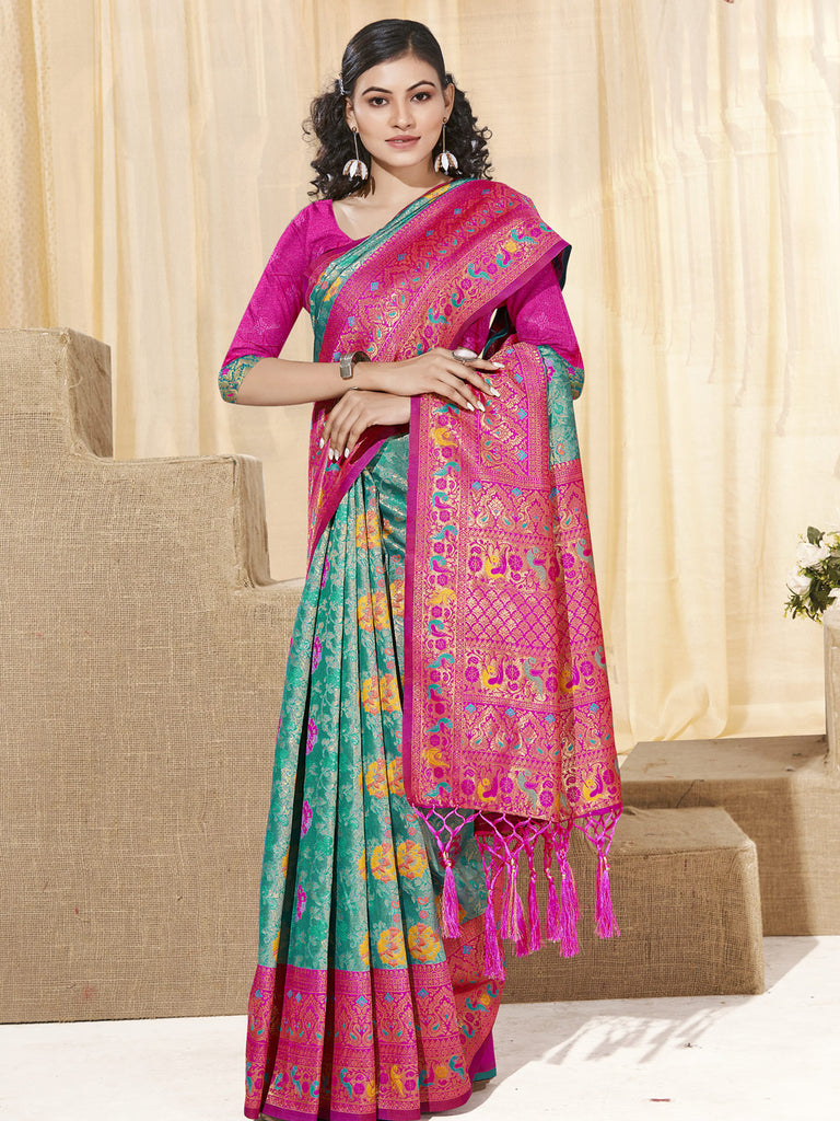 Women's Sea Green KanJivaram Silk Woven Work Traditional Tassle Saree