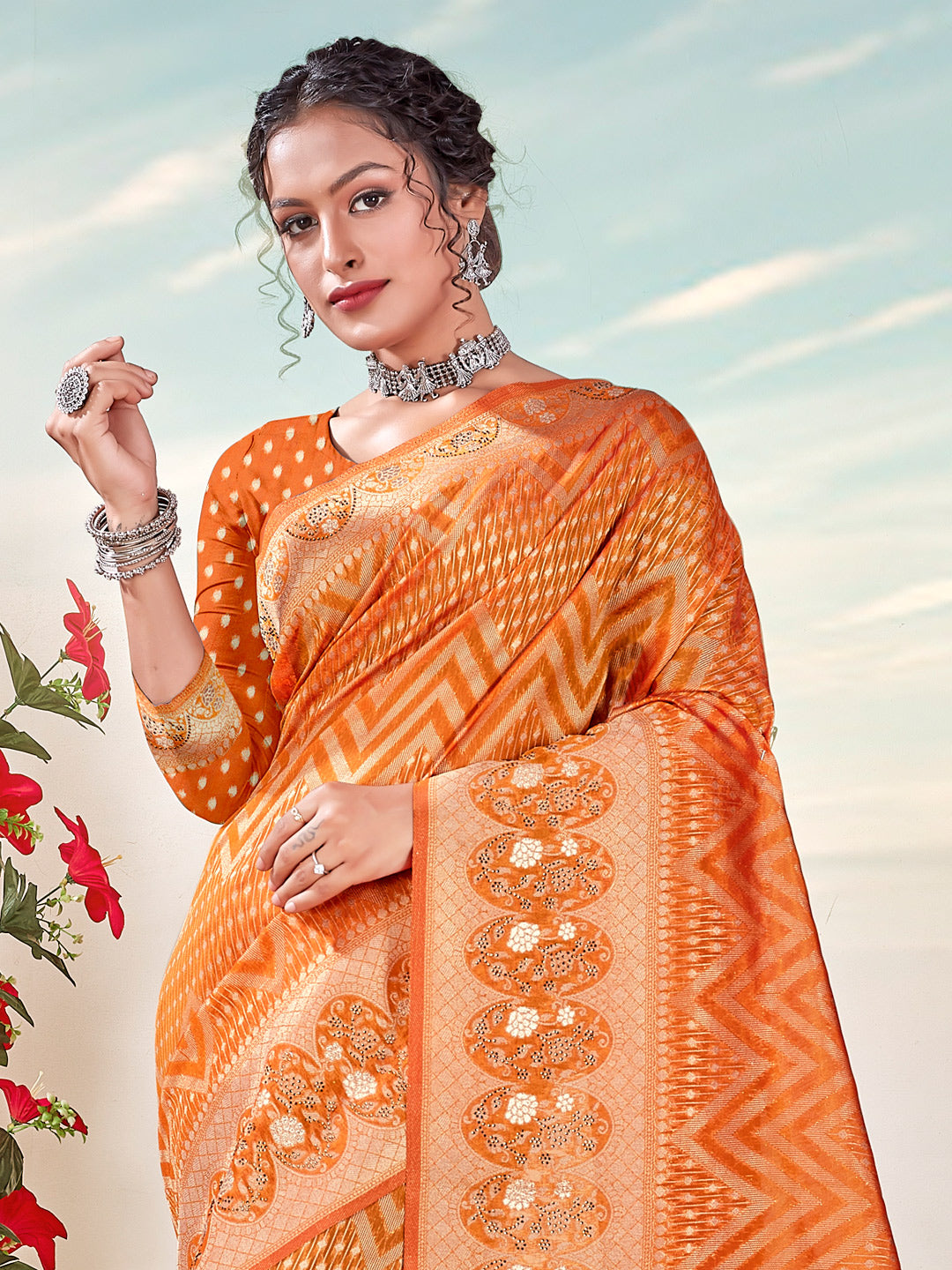 Women's Orange ORGANZA Woven Zari Work Traditional Tassle Saree - Sangam Prints