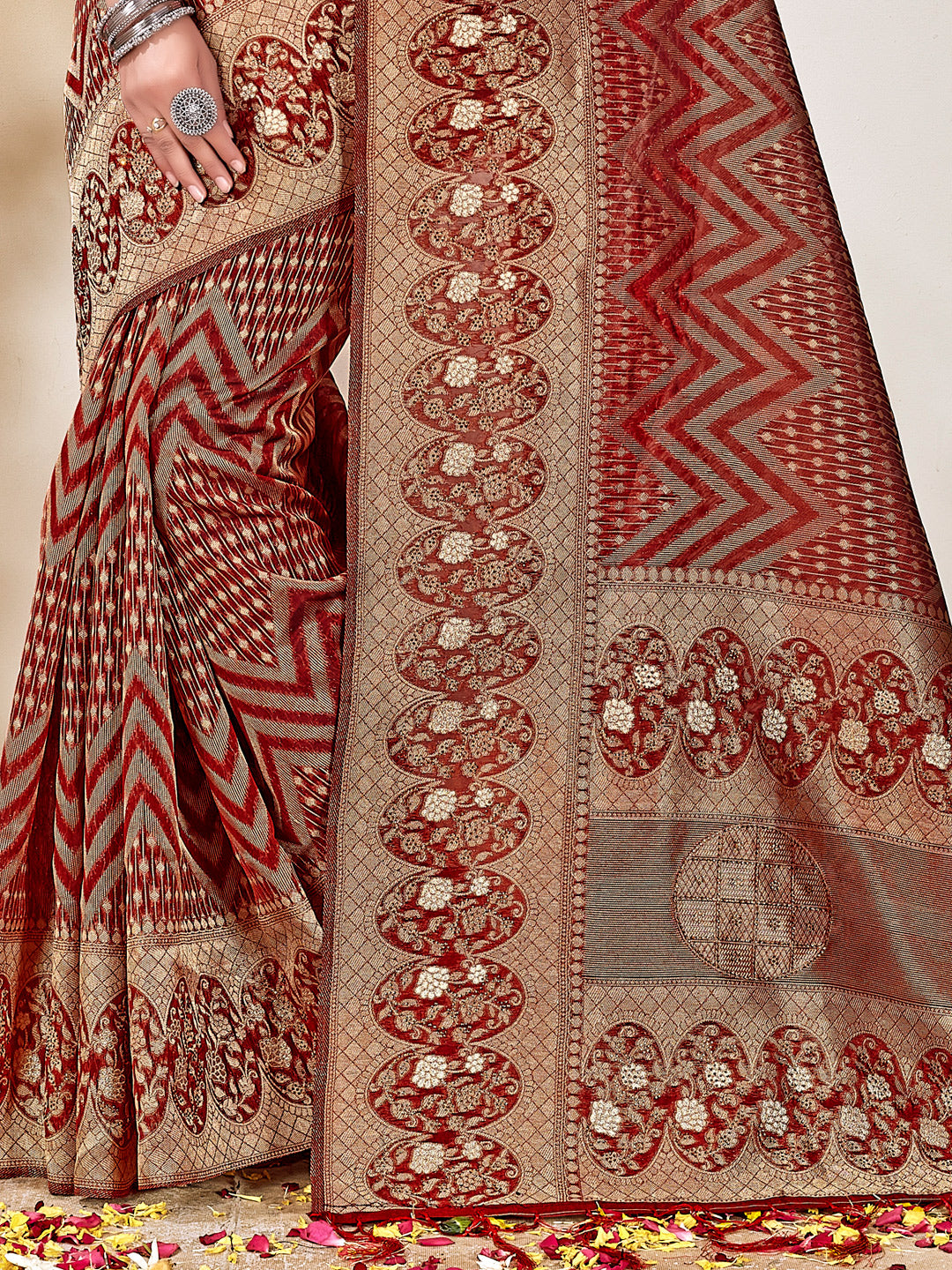 Women's Maroon ORGANZA Woven Zari Work Traditional Tassle Saree - Sangam Prints