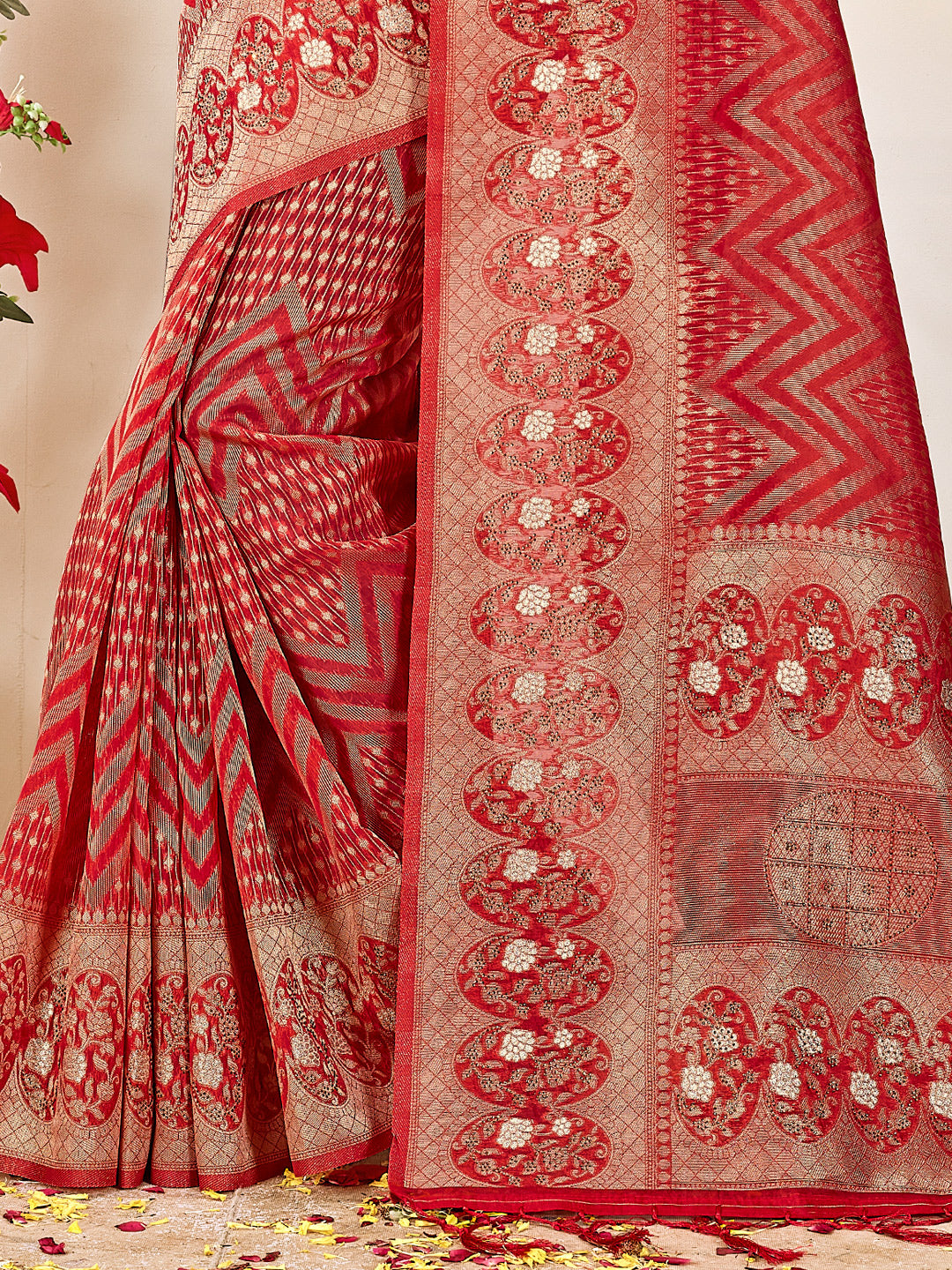 Women's Red ORGANZA Woven Zari Work Traditional Tassle Saree - Sangam Prints