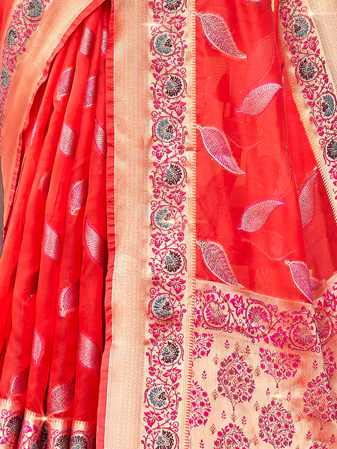 Women's Red ORGANZA  Siroski Stone Work Traditional Tassle Saree - Sangam Prints