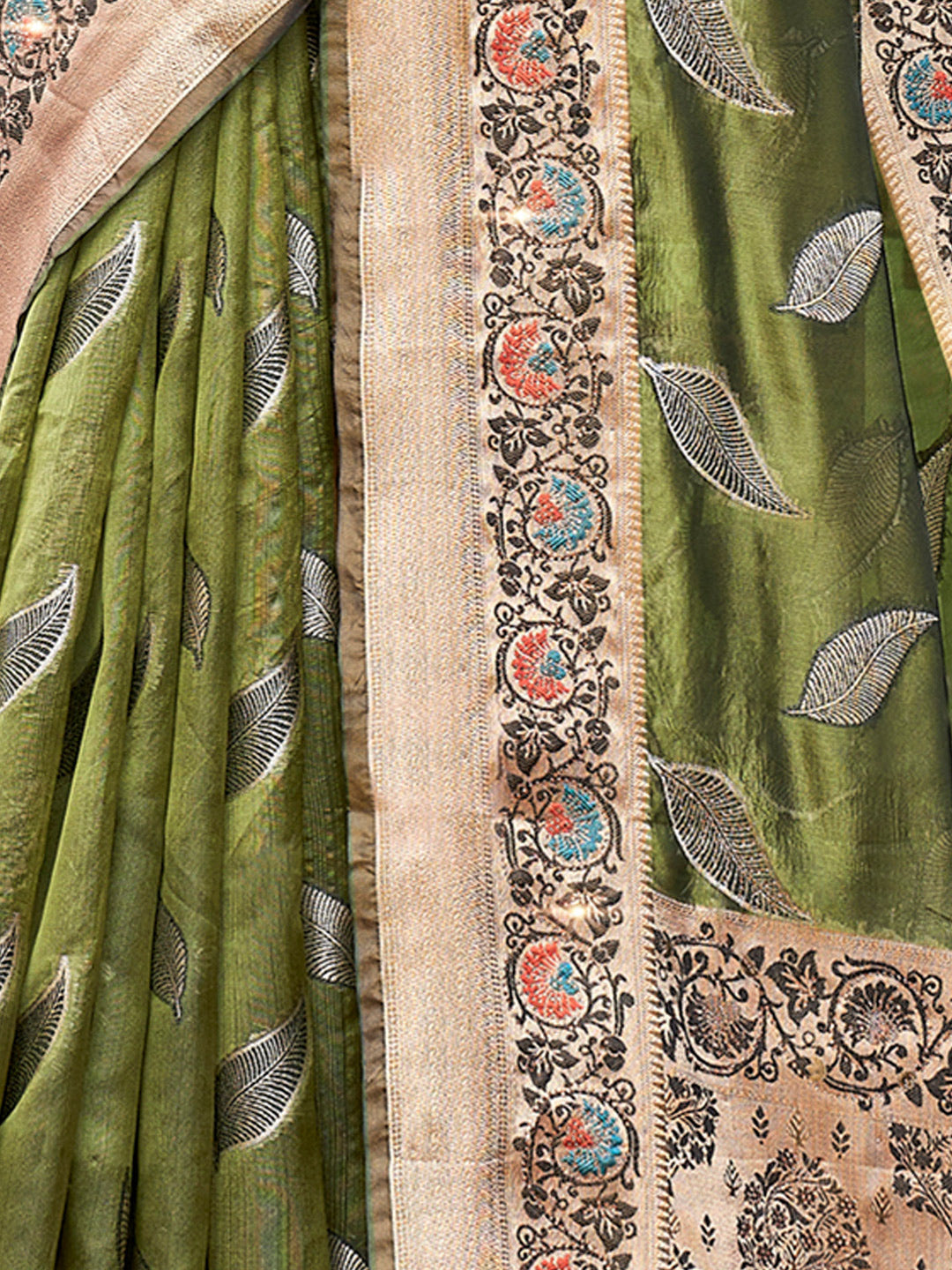 Women's Rama Green ORGANZA  Siroski Stone Work Traditional Tassle Saree - Sangam Prints