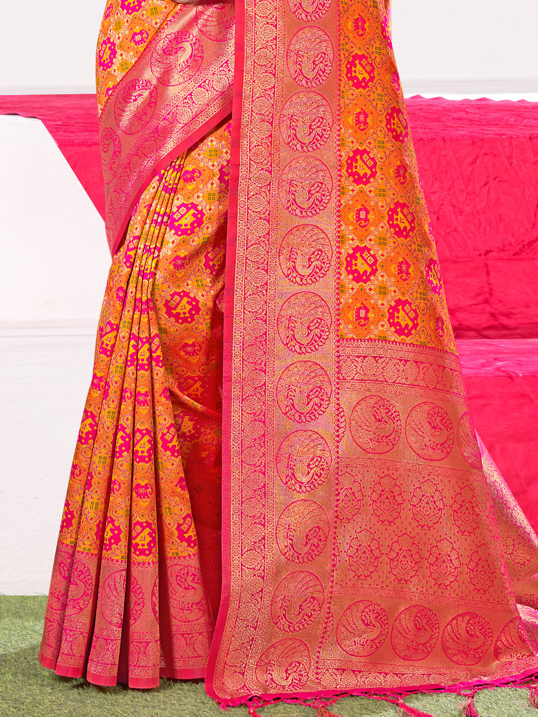 Women's Yellow Patola Silk Woven Work Traditional Tassle Saree - Sangam Prints