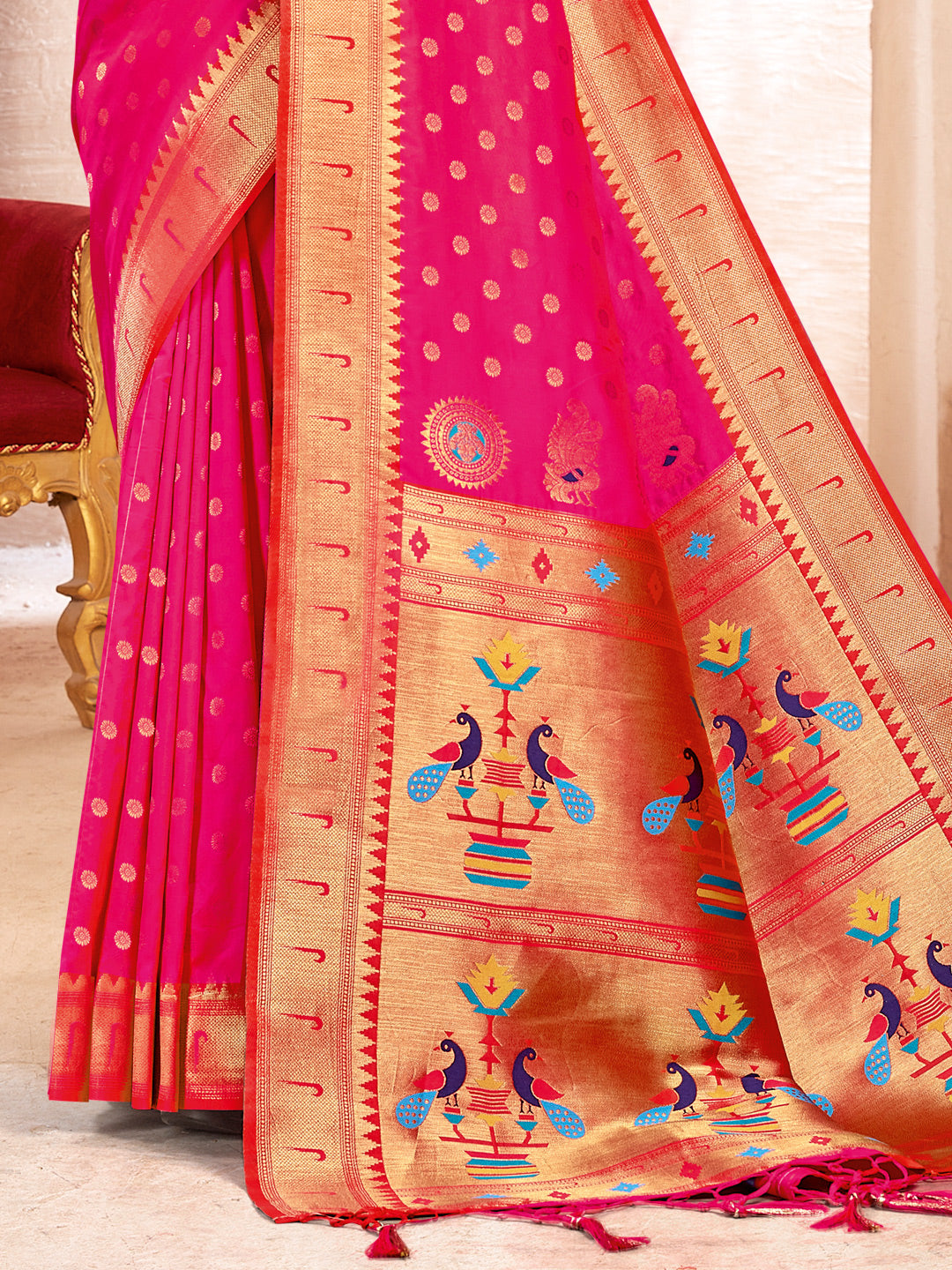 Women's Pink PAITHANI SILK  Traditional Tassle Saree - Sangam Prints