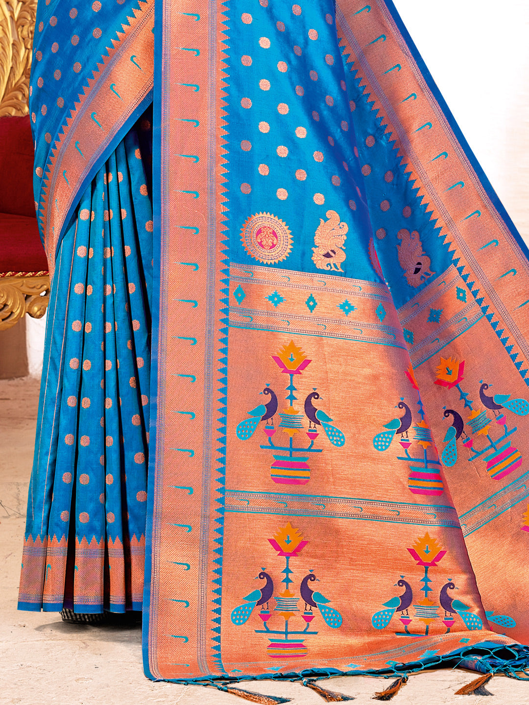 Women's Sky Blue PAITHANI SILK  Traditional Tassle Saree - Sangam Prints