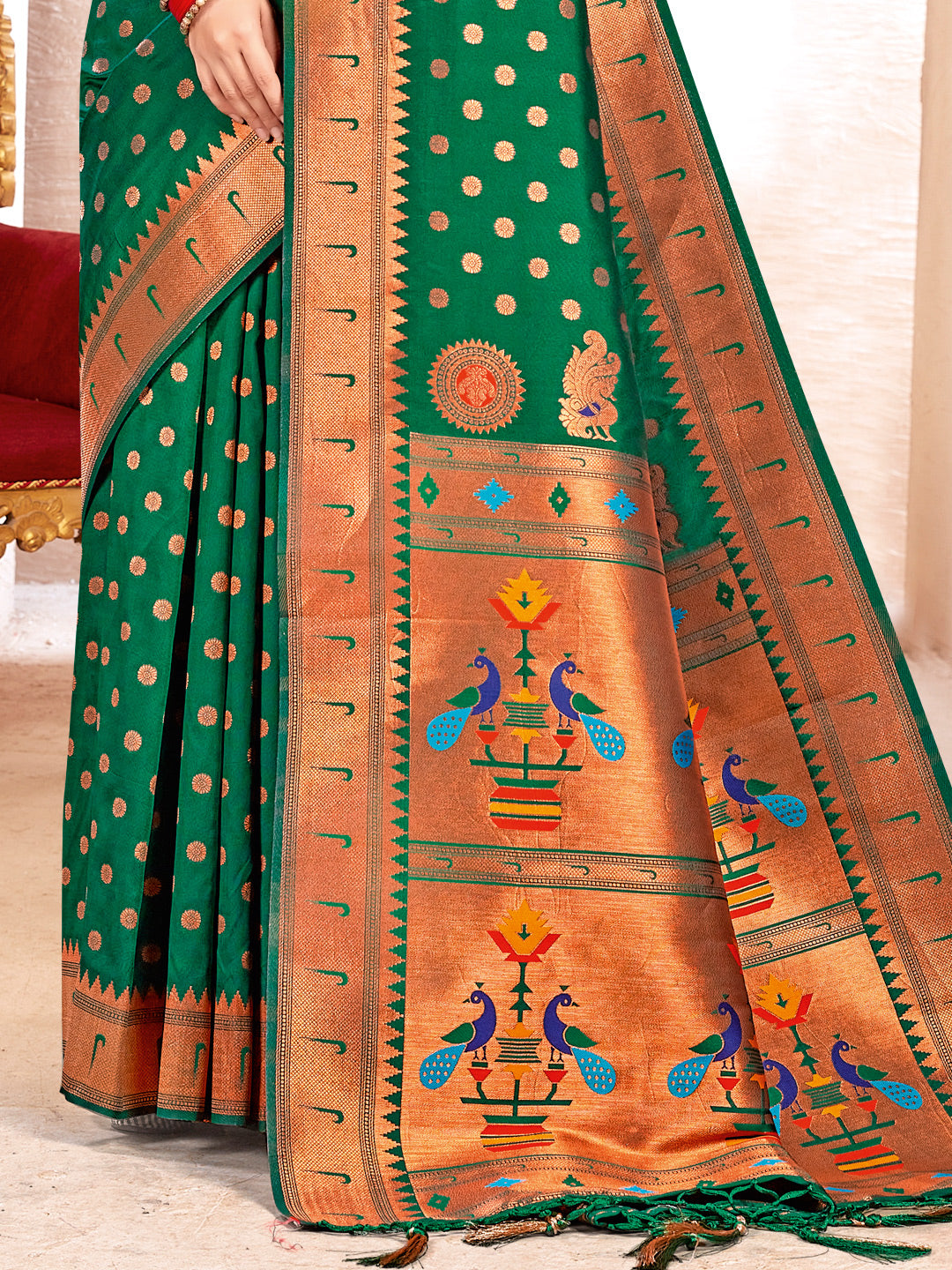 Women's Green PAITHANI SILK  Traditional Tassle Saree - Sangam Prints