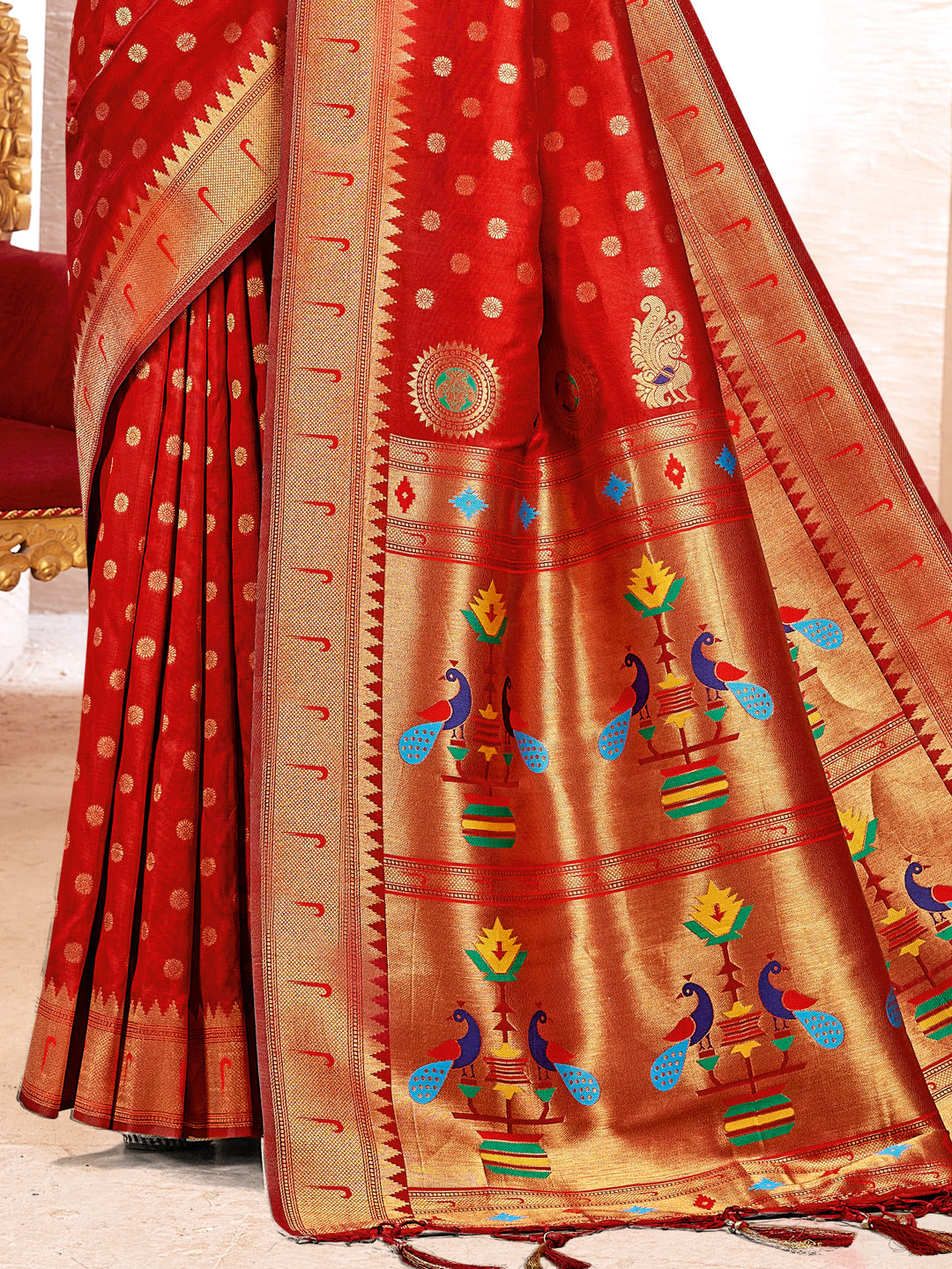Women's Red PAITHANI SILK  Traditional Tassle Saree - Sangam Prints