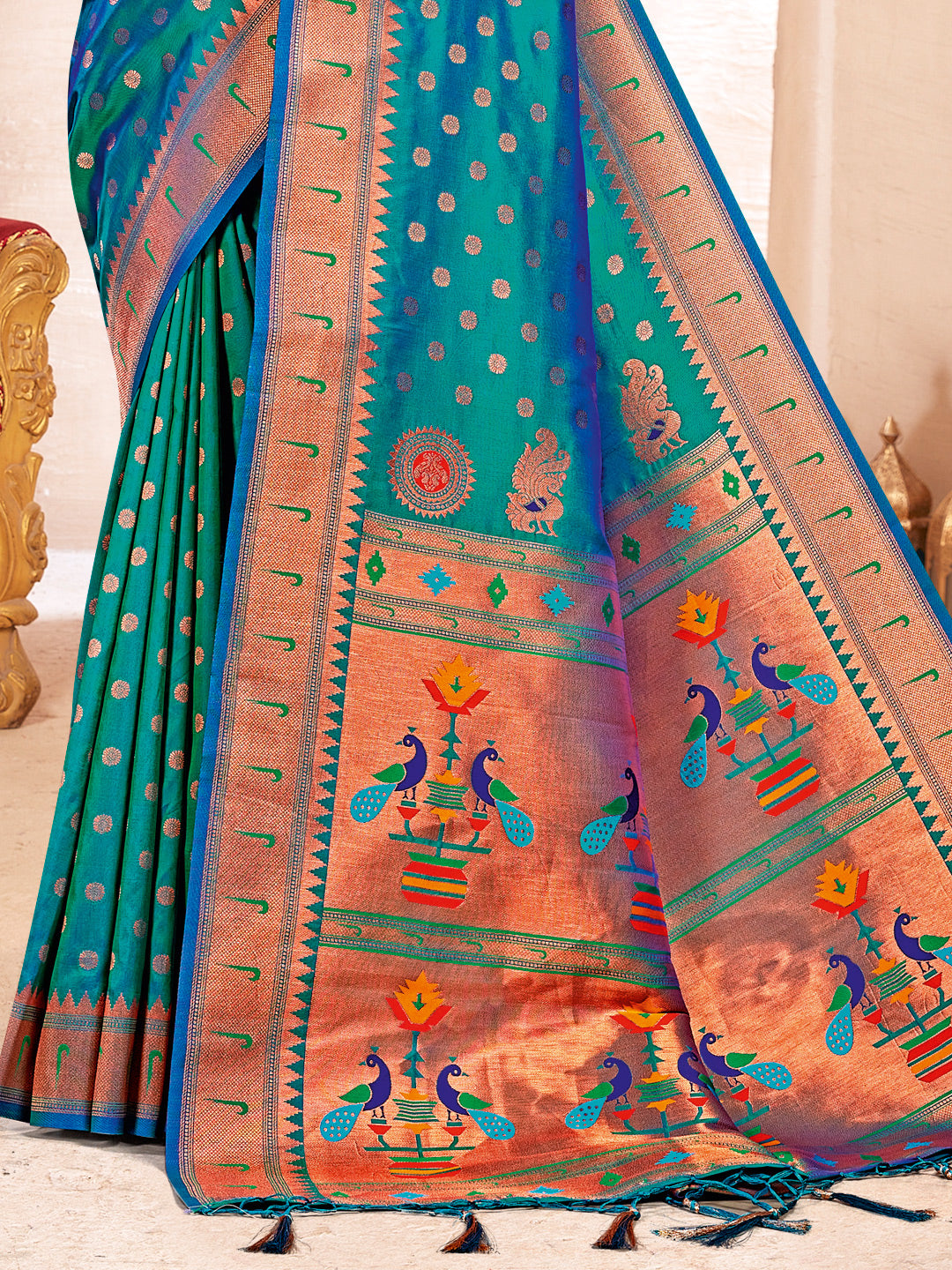 Women's Turquoise PAITHANI SILK  Traditional Tassle Saree - Sangam Prints