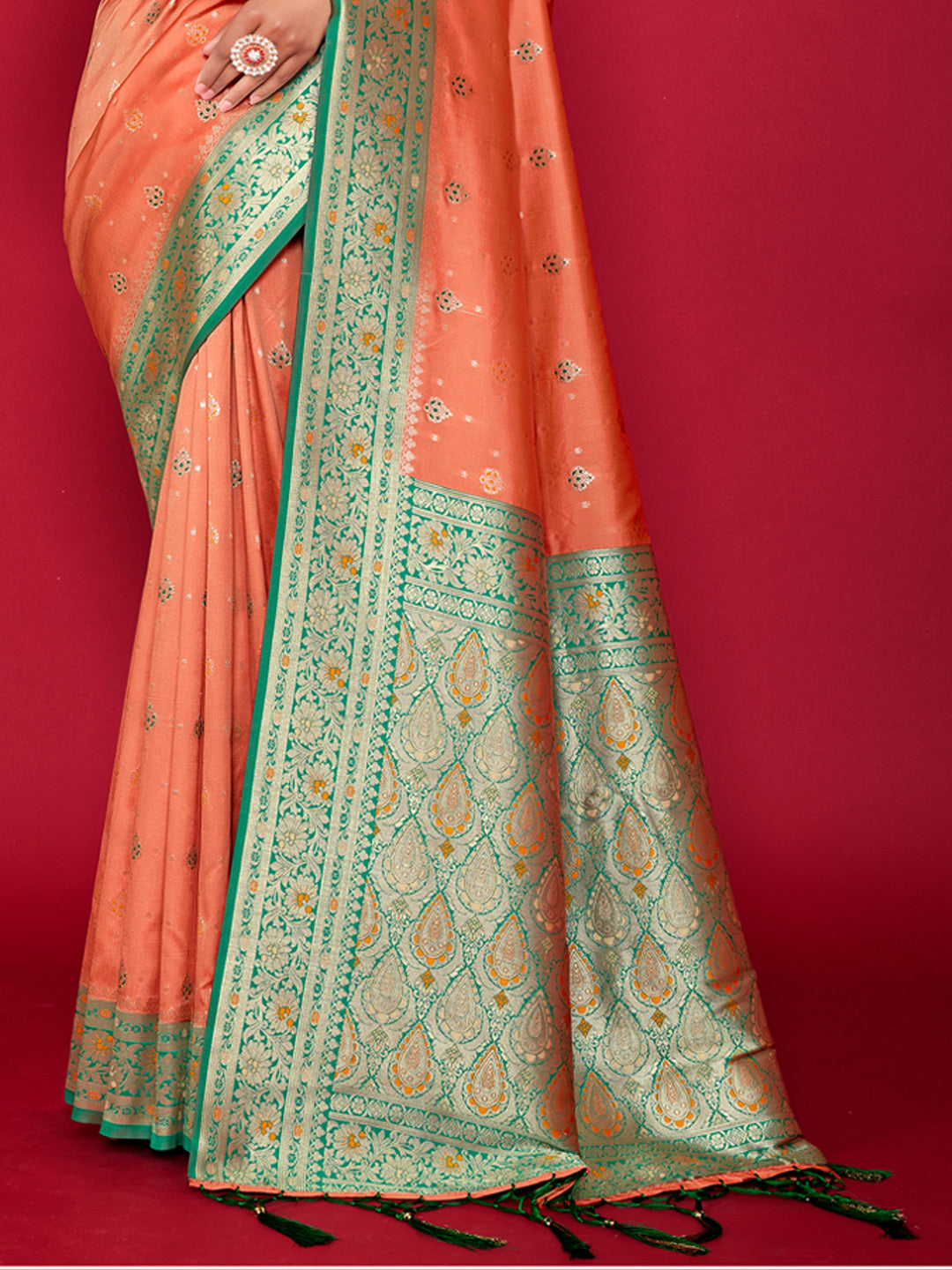 Women's Orange Silk Woven Zari Work Traditional Tassle Saree - Sangam Prints