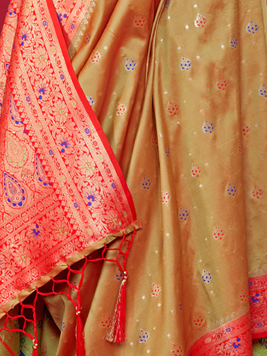 Women's Cream Silk Woven Zari Work Traditional Tassle Saree - Sangam Prints