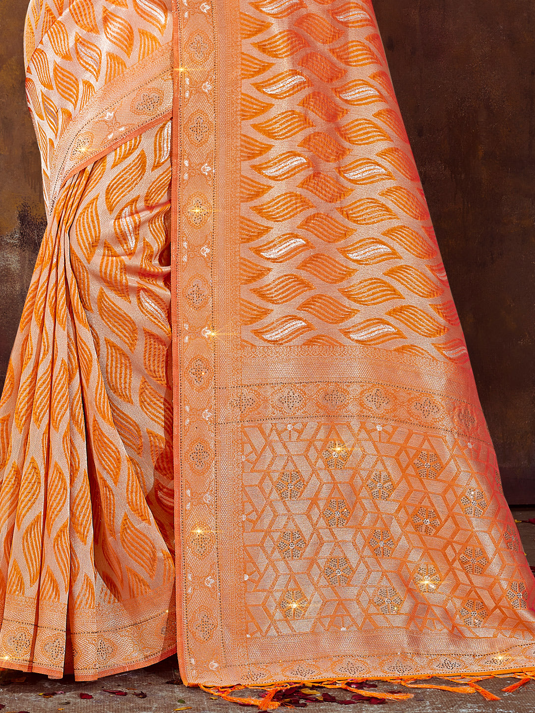 Women's Orange ORGANZA Siroski Stone Work Traditional Tassle Saree - Sangam Prints