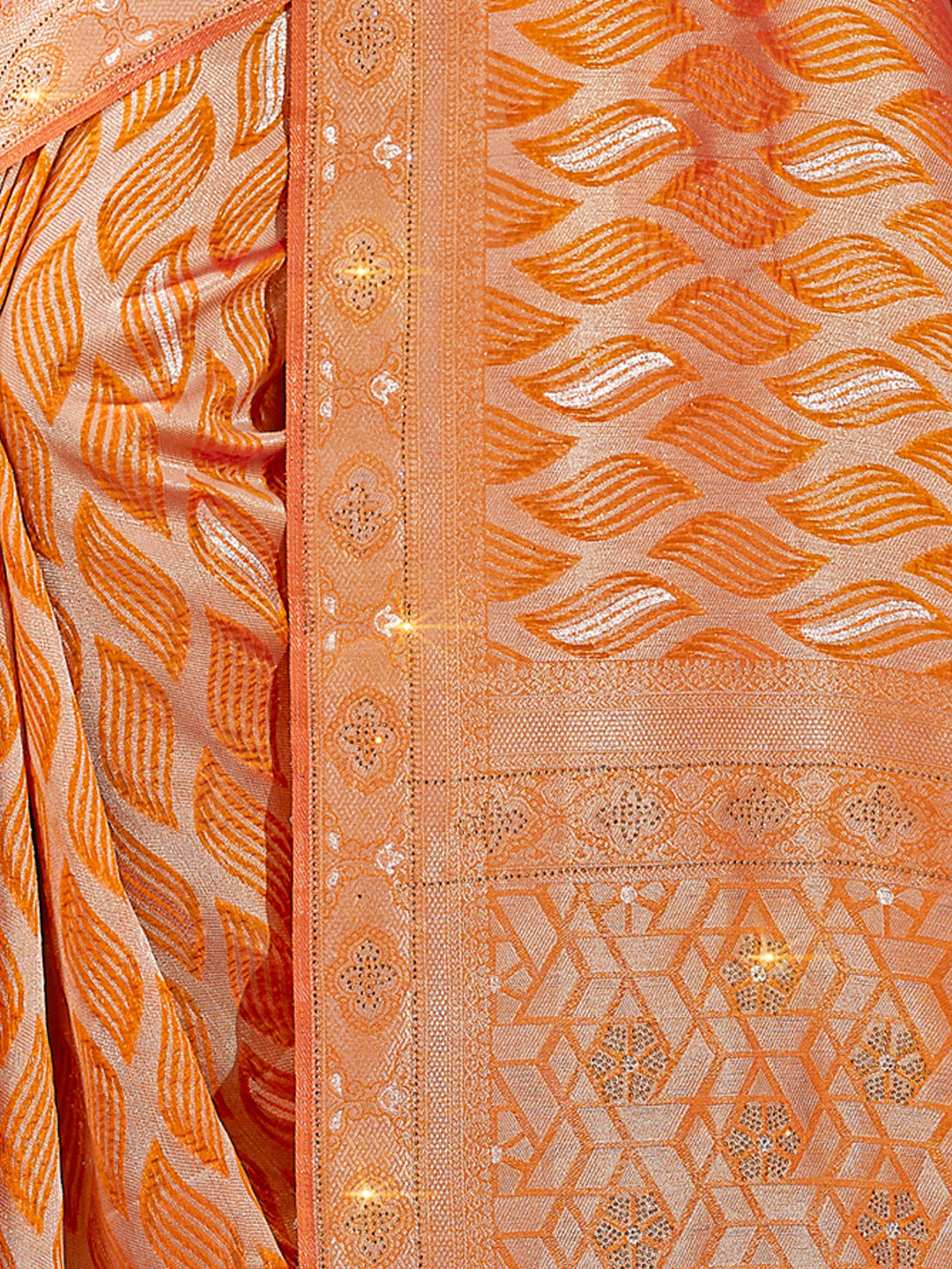 Women's Orange ORGANZA Siroski Stone Work Traditional Tassle Saree - Sangam Prints