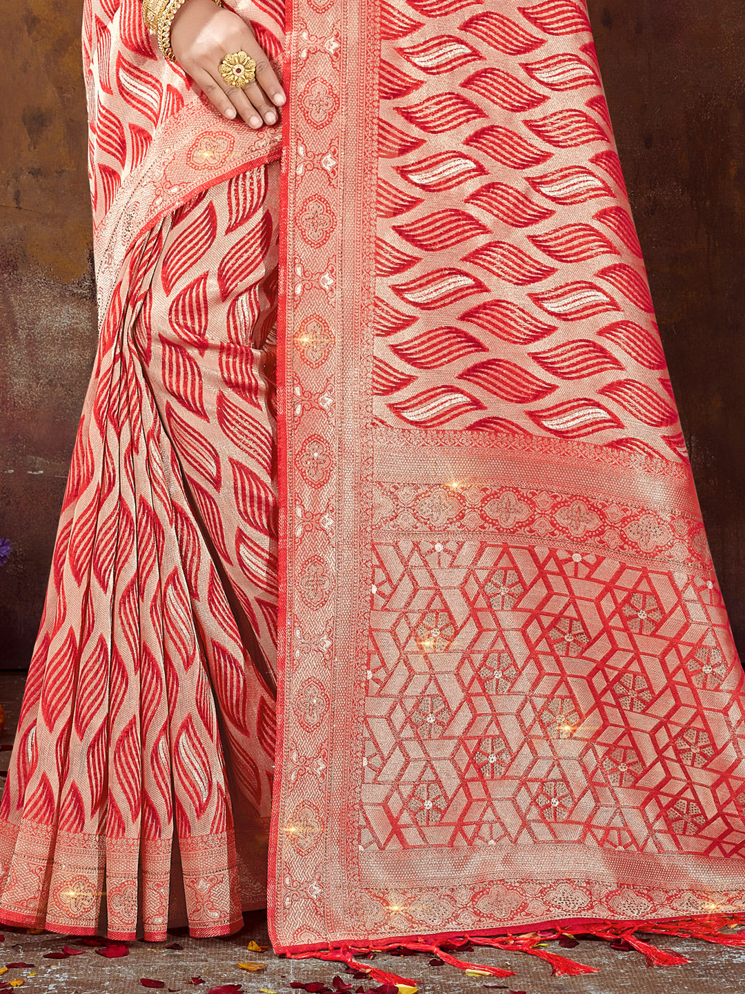 Women's Red ORGANZA Siroski Stone Work Traditional Tassle Saree - Sangam Prints