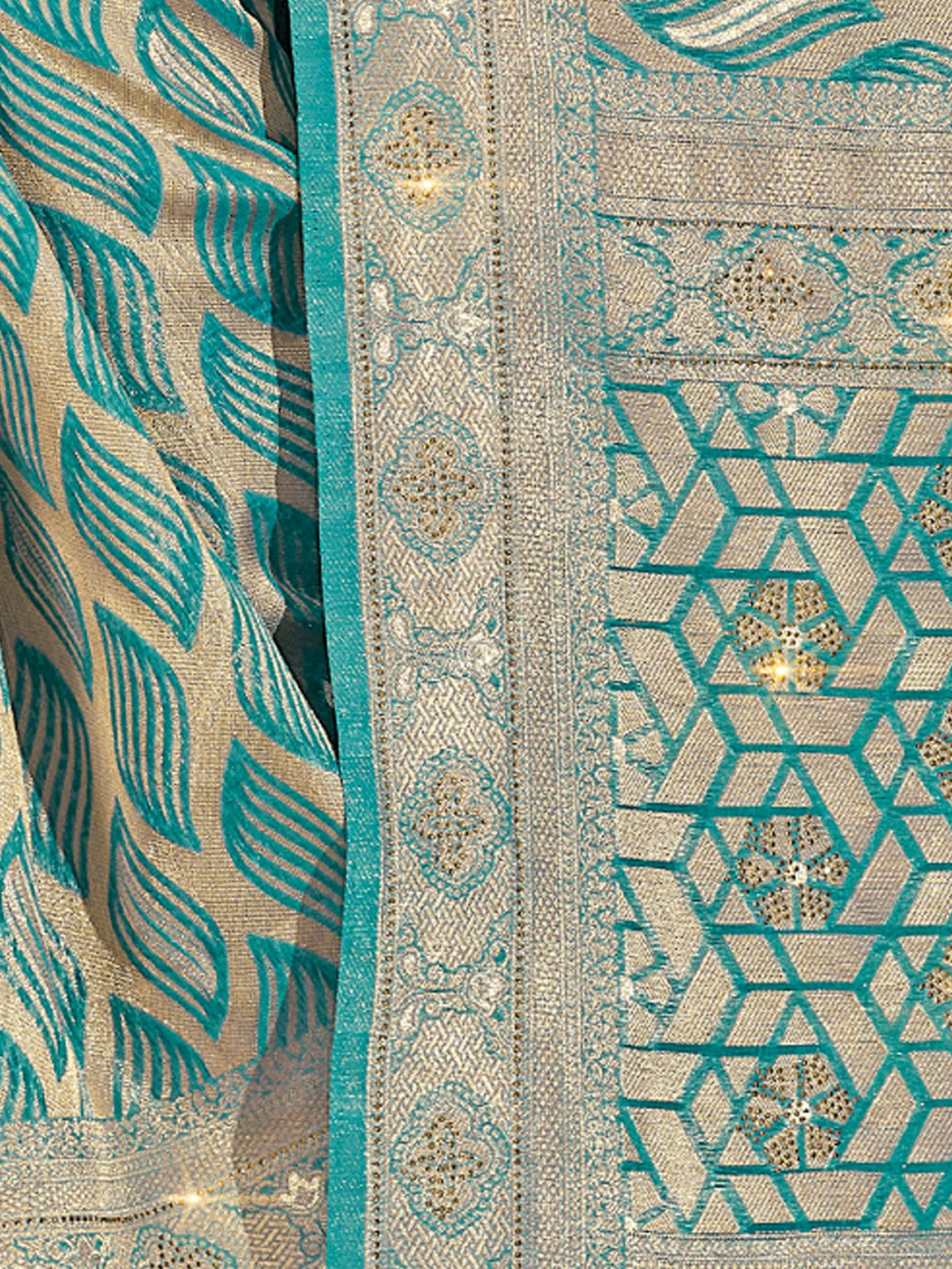 Women's Sea Green ORGANZA Siroski Stone Work Traditional Tassle Saree - Sangam Prints