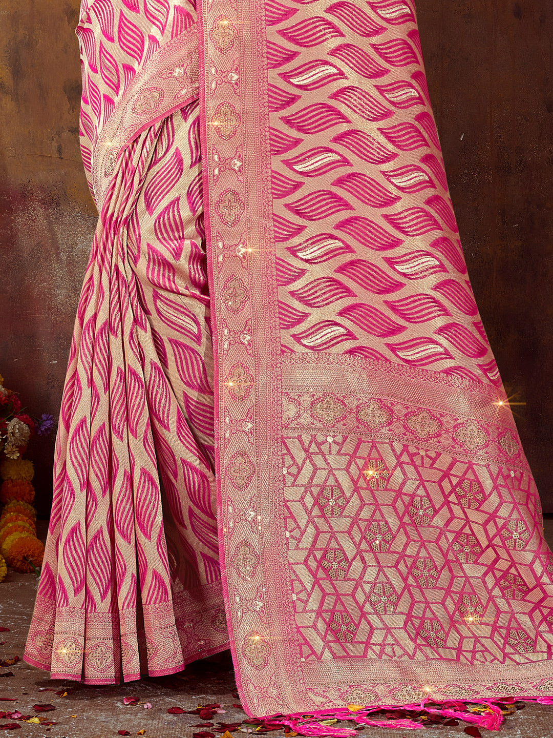 Women's Pink ORGANZA Siroski Stone Work Traditional Tassle Saree - Sangam Prints