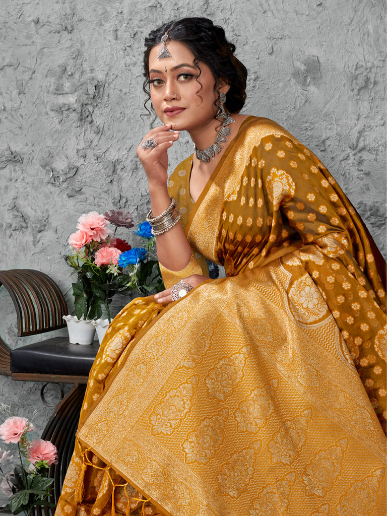 Women's Olive Green Cotton Woven Zari Work Traditional Tassle Saree