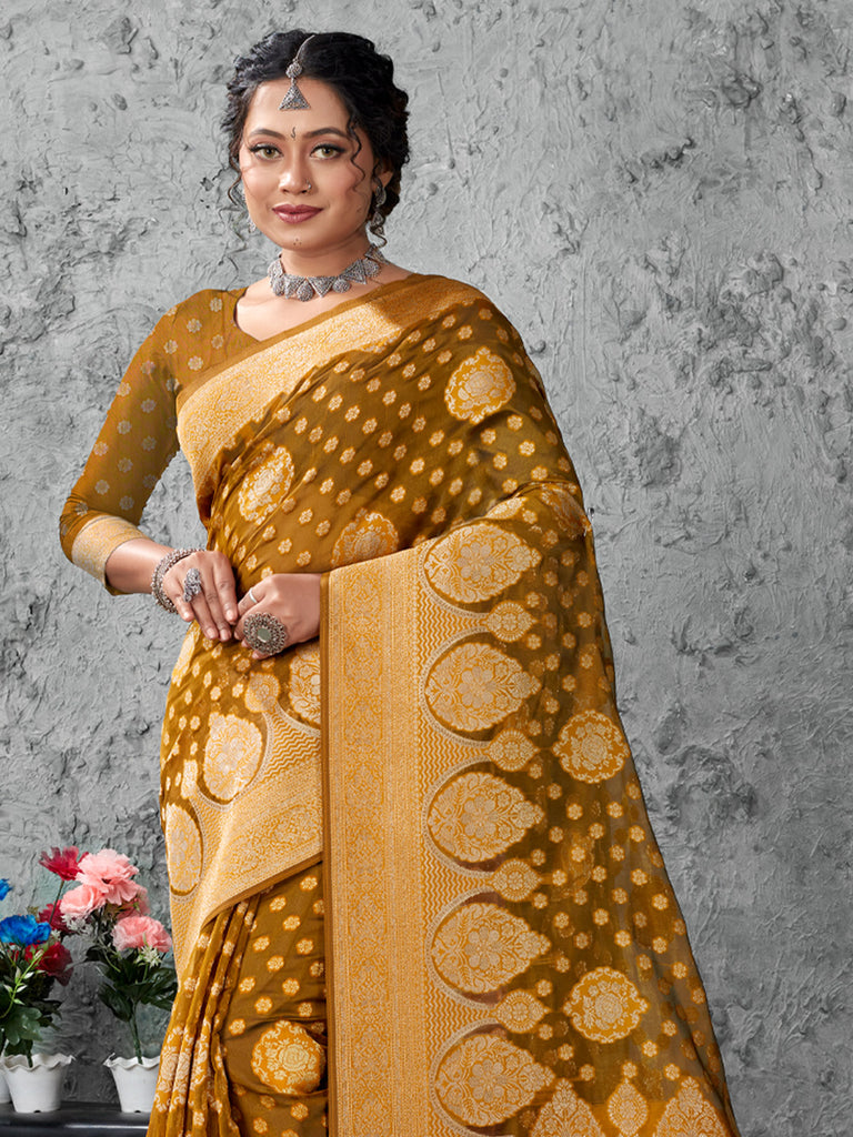Women's Olive Green Cotton Woven Zari Work Traditional Tassle Saree
