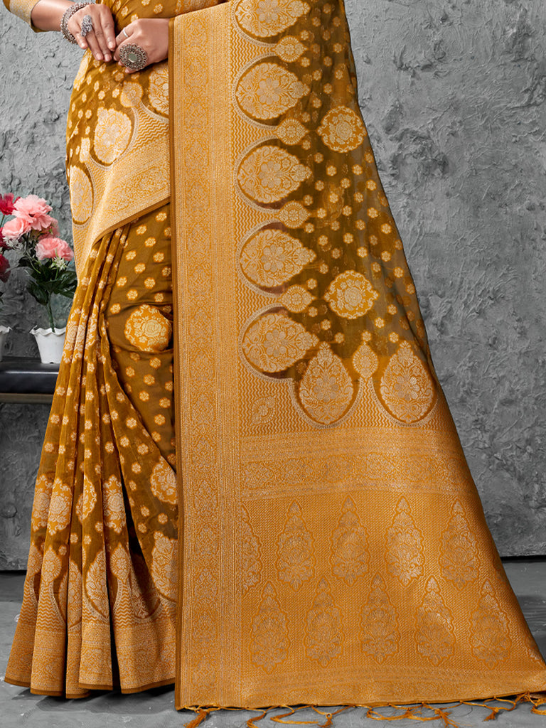 Women's Olive Green Cotton Woven Zari Work Traditional Tassle Saree