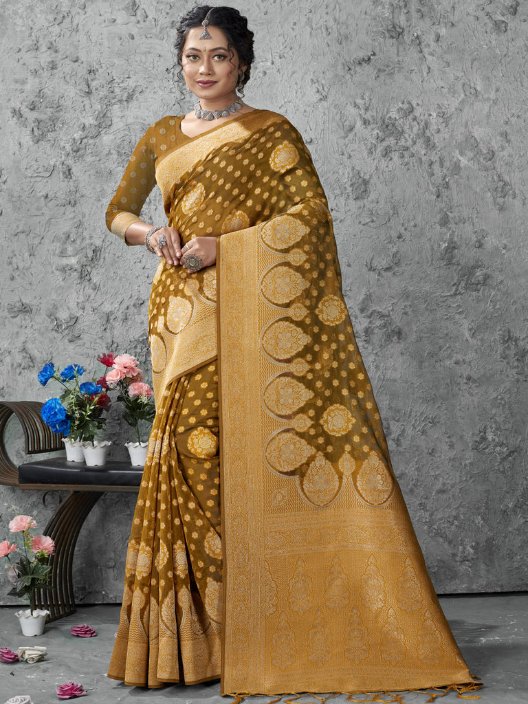 Women's Olive Green Cotton Woven Zari Work Traditional Tassle Saree